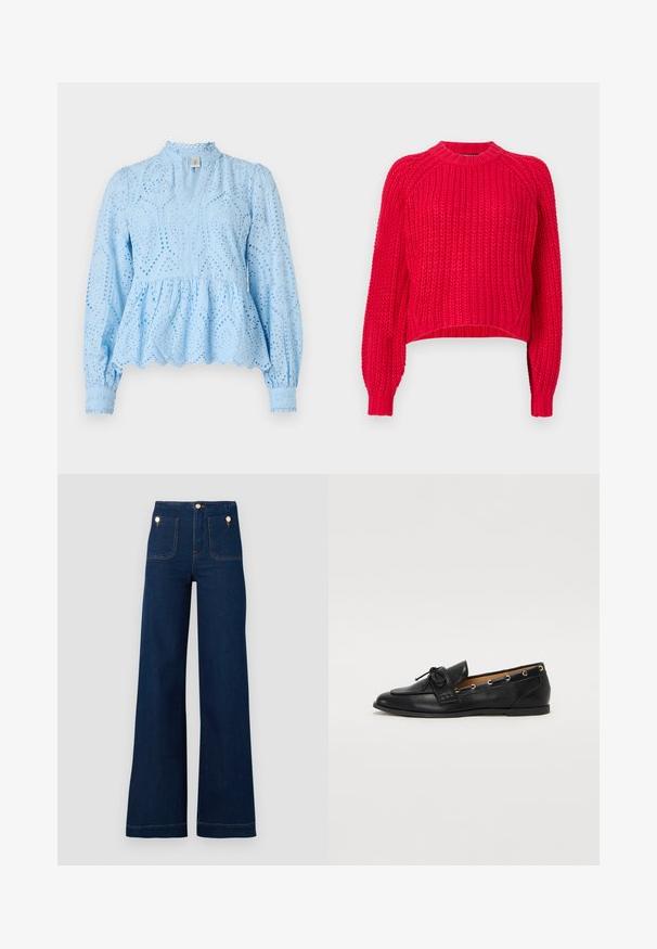 A piros kötött pulóver klasszikus kivágású nyakkal, hosszú raglán ujjakkal, bordás mandzsettákkal és texturált szövettel rendelkezik.; Világoskék peplum blúz bonyolult lyukasztott mintázattal, magas nyakkivágással és hosszú puffos ujjakkal, amely hullámos élekkel és texturált anyaggal rendelkezik.; Sötétkék, széles szárú magas derekú farmernadrág, arany gombbetétekkel, két elülső és két hátsó zsebbel, valamint kontrasztos varrási részletekkel. Texturált farmeranyag.; Fekete bőr lófarok cipők, megkötött masnival, arany szemcsés díszítéssel az oldalán és lapos gumitalppal. Simaság, klasszikus dizájn.