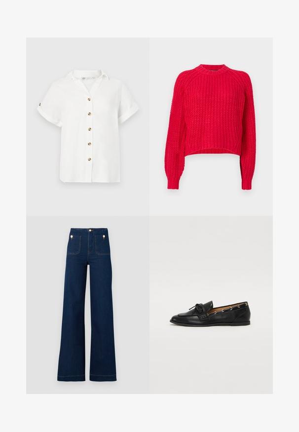 Red knitted sweater features a classic crew neckline, long raglan sleeves, ribbed cuffs, and a textured weave throughout.; White short-sleeve blouse with a collar, featuring a button-down front with round, gold-tone buttons. Made from lightweight fabric.; Dark blue wide-leg jeans with high waist, gold button accents, two front and back pockets, and contrasting stitch details. Textured denim fabric.; Black leather loafers with a tied bow, featuring gold eyelet accents along the sides and a flat rubber sole. Smooth texture, classic design.
