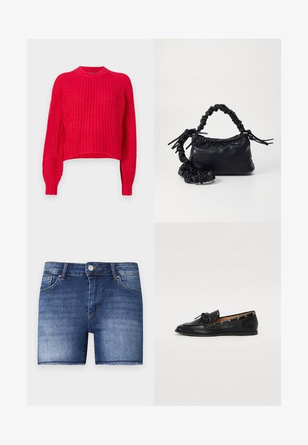 Κόκκινο πλεκτό πουλόβερ με κλασικό στρογγυλό λαιμό, μακριά ραγκλάν μανίκια, ριχτούς καρπούς και υφαντή υφή σε όλη την επιφάνεια.; Τζιν σορτς σε μεσαίο μπλε χρώμα με ίσια γραμμή. Διαθέτει φθαρμένες περιοχές, μπροστινή τσέπη και ακατέργαστο στρίφωμα στο κάτω μέρος.; Μαύρες δερμάτινες μπαλαρίνες με σφιχτό φιόγκο, με χρυσές οπές στα πλάγια και επίπεδη ελαστική σόλα. Λείος υφής, κλασικός σχεδιασμός.; Μαύρη τσάντα από faux δέρμα με υφή κροκοδείλου, κλειστή στο επάνω μέρος και με ρυτιδωμένο λουρί. Φαίνεται μαλακή και συμπαγής στο σχέδιο.