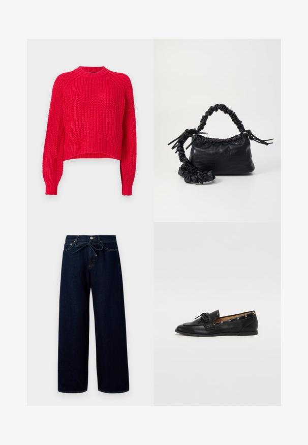 A piros kötött pulóver klasszikus kivágású nyakkal, hosszú raglán ujjakkal, bordás mandzsettákkal és texturált szövettel rendelkezik.; Sötétkék, széles lábú farmernadrág, amely elöl gombos záródással és zsinóros derékkal rendelkezik, kontrasztos varrási részletekkel.; Fekete bőr lófarok cipők, megkötött masnival, arany szemcsés díszítéssel az oldalán és lapos gumitalppal. Simaság, klasszikus dizájn.; Fekete műbőr kézi táska krokodil bőr textúrával, összehúzható tetejű és gyűrt pánttal. Lágy és kompakt dizájnúnak tűnik.