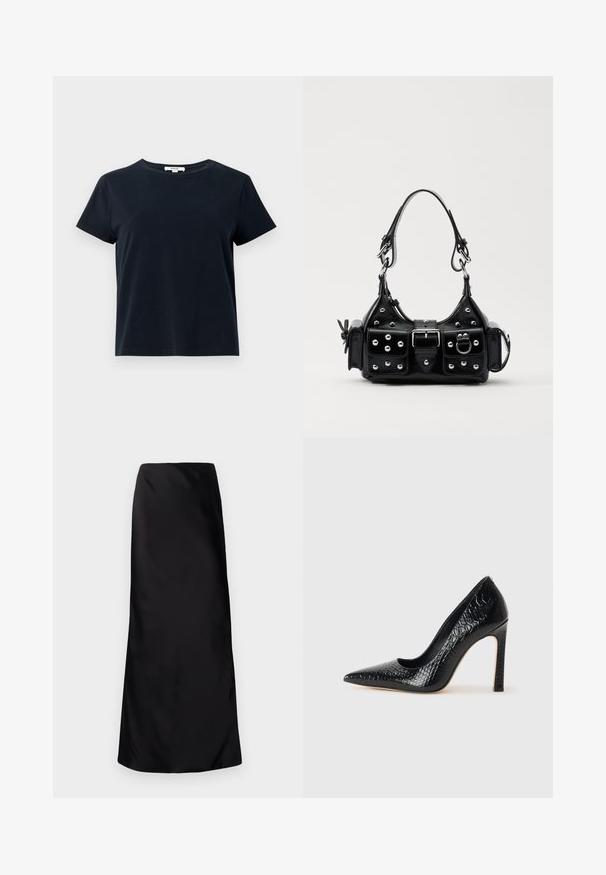 Puha rózsaszín kötött pulóver, galléros nyakkal, gombos elejével és széles ujjaival, amelyeket texturált mintázat díszít.; Sötét tengerészkék, rövid ujjú póló, puha pamutból készült, kerek nyakkivágással és laza fazonnal. Nincsenek látható minták vagy díszítések.; Norma Kamali BIAS OBIE SKIRT - Maxiszoknya - black; Fekete hegyes orrú magassarkú cipő krokodilbőr textúrával, letisztult dizájnnal, magas tűsarkú és sima fekete belső résszel.; Fekete bőr kézitáska ívelt designnal, ezüst szegecsekkel, csattal és két oldalsó zsebbel. Állítható vállpánt a hordozási lehetőségekhez.