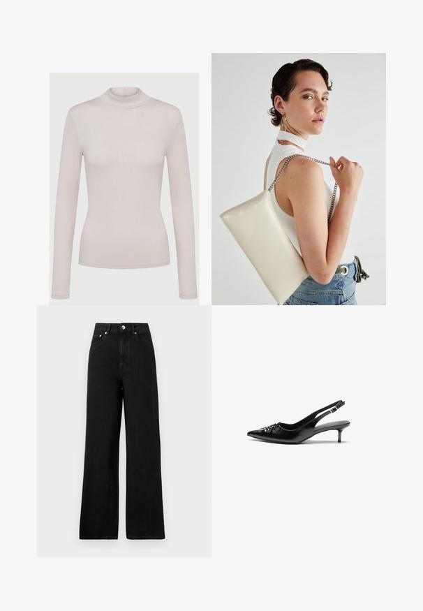 Brun turtleneck genser laget av teksturert strikket stoff. Har en avslappet passform og ribbede kanter på hem og ermer. Enkel design, uten mønstre eller dekorasjoner.; Lys beige langermet genser med høy hals laget av et mykt, elastisk materiale. Tett passform med strukturert ribbestrikk og standard mansjetter.; Høytlivede svarte denimjeans med bred ben design, som har fem lommer og detaljer i sølvfarge. Jeansen har en jevn tekstur.; Sorte skinnert remsandaler med spiss tå, liten kittenhæl og en dekorativ knute detalj foran. Glatt tekstur gjennom hele.; Hvit rektangulær clutch-veske laget av blankt materiale, med en sølvkjede-stropp. Modellen poserer og viser vesken mot en ensfarget bakgrunn.