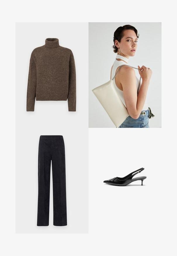 Brown turtleneck sweater made of textured knit fabric. Features a relaxed fit and ribbed hem and cuffs. Simple design, no patterns or embellishments.; Corduroy pants in dark gray with a straight leg design, featuring a textured ribbed surface and an elastic waistband for comfort.; Black leather slingback heels with a pointed toe, small kitten heel, and a decorative knot detail on the front. Smooth texture throughout.; White rectangular clutch bag made of glossy material, featuring a silver chain strap. Model poses, showcasing the bag against a plain background.