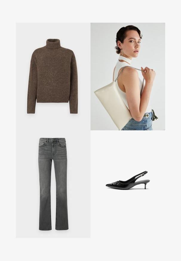 Suéter de cuello alto marrón hecho de un tejido de punto texturizado. Presenta un corte relajado y un dobladillo y puños acanalados. Diseño sencillo, sin patrones ni embellishments.; Vaqueros acampanados en denim gris oscuro con una cintura alta, cinco bolsillos y un cierre de botón único. Textura suave con ligero desvanecimiento.; Tacones slingback de cuero negro con punta afilada, pequeño tacón kitten y un detalle de nudo decorativo en la parte frontal. Textura suave en toda la superficie.; Bolso de mano rectangular blanco, hecho de un material brillante, con una cadena plateada. La modelo posa, mostrando el bolso frente a un fondo liso.
