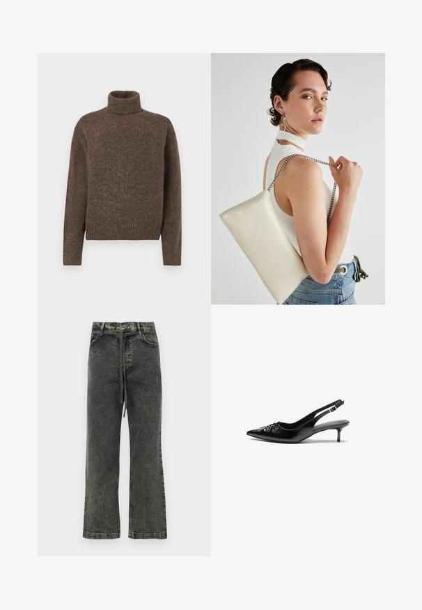 Barna garbó pulóver struktúrált kötött anyagból. Lazán illeszkedő fazon, bordázott alja és mandzsetták. Egyszerű dizájn, minta vagy díszítés nélkül.; Fekete farmernadrág egyenesszárú fazonnal, finoman kopott textúrával, gombos zárással és elülső zsebekkel.; Fekete bőrből készült slingback magassarkú cipők hegyes orral, kis francia sarokkal és díszes csomóval az elején. Az egész felületen sima textúra.; Fehér, téglalap alakú, fényes anyagból készült clutch táska, ezüst láncos pánttal. A modell pózol, bemutatva a táskát egy egyszínű háttér előtt.