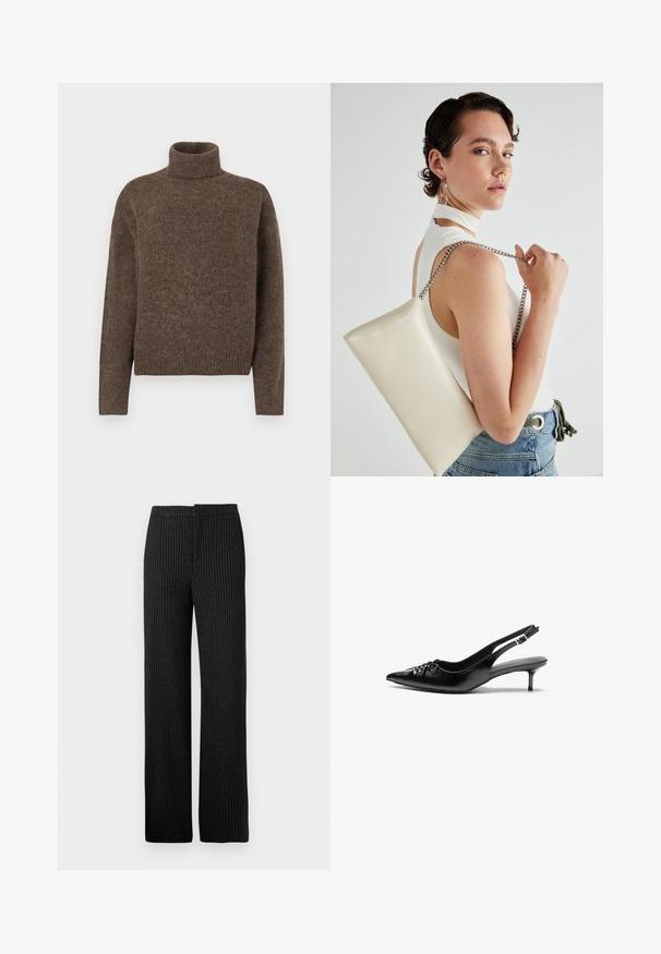 Barna garbó pulóver struktúrált kötött anyagból. Lazán illeszkedő fazon, bordázott alja és mandzsetták. Egyszerű dizájn, minta vagy díszítés nélkül.; Fekete csíkos nadrág, egyenes szabású, sima textúrával és derékrésszel, alkalmas formális vagy üzleti öltözködéshez.; Fekete bőrből készült slingback magassarkú cipők hegyes orral, kis francia sarokkal és díszes csomóval az elején. Az egész felületen sima textúra.; Fehér, téglalap alakú, fényes anyagból készült clutch táska, ezüst láncos pánttal. A modell pózol, bemutatva a táskát egy egyszínű háttér előtt.