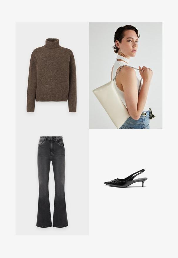 Ruskea pooloneuletakki, joka on valmistettu teksturoidusta neulekankaasta. Ominaisuudet: väljä malli ja ribbineuleiset helma ja hihansuut. Yksinkertainen muotoilu, ei kuvioita tai koristeita.; Mustat leveälahkeiset farkut, joissa on korkea vyötärö, ompelusyke ja viisi taskua. Kangas on sileä ja siinä on haalistunut pinta.; Mustat nahkaiset slingback-korkokengät, joissa on terävä kärki, pieni kitten-korko ja koristeellinen solki edessä. Yksinkertainen pinta kauttaaltaan.; Valkoinen suorakulmainen clutch-laukku, joka on valmistettu kiiltävästä materiaalista ja jossa on hopeinen ketjuolkahihna. Malli poseeraa laukku käsivarsillaan yksinkertaista taustaa vasten.