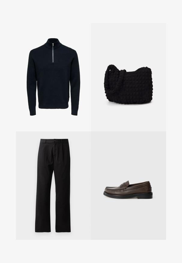 Jūras zila adīta džemperis ar augstu apkakli un sudraba rāvējslēdzēju. Iezīmē ribotu tekstūru un garas piedurknes, nodrošinot pieguļošu, izteiksmīgu formu.; Divi īsā piedurkņu t-krekli ar apaļu kaklu, viens melns un otrs balts, izgatavoti no mīksta kokvilnas materiāla ar ribotu tekstūru. Klasiskas piegriezuma dizains.; Melnas bikses no kokvilnas ar taisnu kāju dizainu, kas ir aprīkotas ar priekšējo piegriezumu, pogu aizdari un vienkāršiem šuvumu elementiem.; Brūna ādas loafera kurpe ar šuvēm uz pirkstu daļas, plakanu zoli un zemu sabūvētu papēdi. Gluda tekstūra ar minimālistiskām dizaina detaļām.; Melnas auduma soma ar strukturētu, quiltotu rakstu. Apaļa forma, īsas, resnas rokturi un mīksta, elastīga konstrukcija.; Sudraba metāla pulkstenis ar apstrādātu zilu ciparnīcu, baltām stundu atzīmēm un datuma displeju. Iespējo saistīta metāla josla un zīmola logo.
