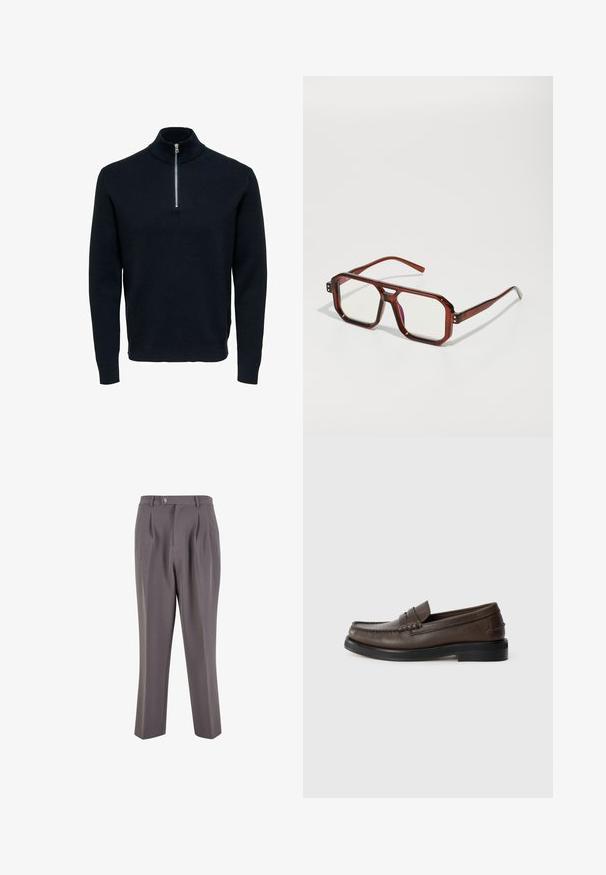 Námořnický pletený svetr s vysokým límcem a stříbrným zipem. Má žebrovanou texturu a dlouhé rukávy, což zajišťuje přiléhavý, štíhlý tvar.; Dvě trička s krátkým rukávem a kulatým výstřihem, jedno černé a jedno bílé, vyrobená z měkkého bavlněného materiálu s žebrovanou texturou. Klasický střih.; Šedé plisované kalhoty vyrobené z hladké látky, se střihem rovný nohavice, zapínáním na jeden knoflík a šikmými bočními kapsami.; Kožená hnědá mokasína s prošitým detailem na špičce, plochou podrážkou a nízkým vrstevnatým podpatkem. Hladká textura s minimalistickými designovými prvky.; Hnědé transparentní oversized brýle s obdélníkovými skly a štíhlými rámky. Šikmé, mírně zaoblené rohy a viditelné kovové detaily.; Stříbrné kovové hodinky s broušeným modrým ciferníkem, bílými hodinovými indexy a zobrazením data. Mají spojený kovový pásek a logo značky.