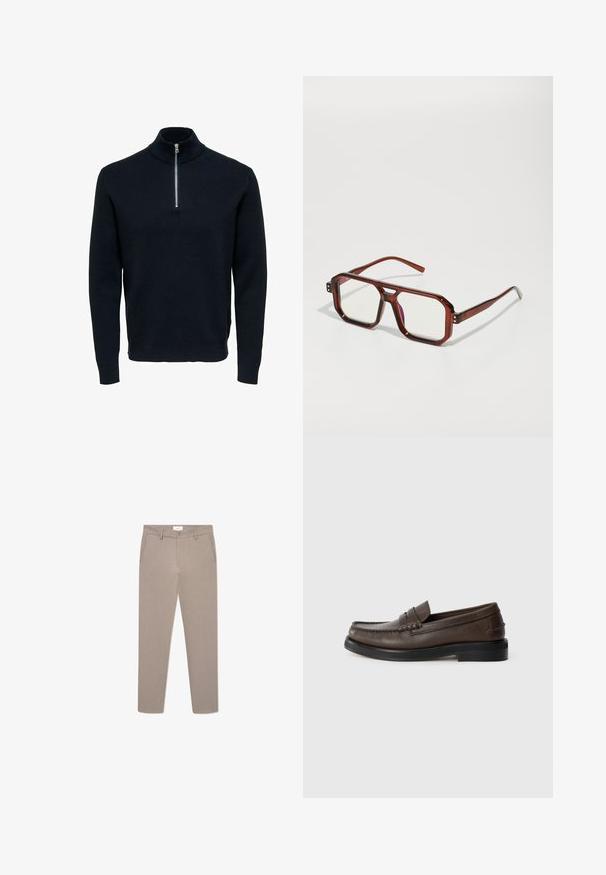 Marineblå strikkegenser med høy krage og sølvglidelås. Har ribbestruktur og lange ermer, og gir en skreddersydd, strømlinjeformet fasong.; To t-skjorter med kort erm og rund hals, en svart og en hvit, laget av mykt bomullsmateriale med ribbestruktur. Klassisk passform.; Beige skreddersydde bukser med smal passform, med glidelåsfront, frontlommer og et diskret teksturert mønster. Laget av et lett materiale.; Brun lærloafer med sydd detalj på tåen, flat såle og lav stablet hæl. Jevn tekstur med minimalistiske designelementer.; Brune gjennomsiktige overdimensjonerte briller med rektangulære linser og slanke tenger. Vinklet, litt avrundede hjørner og synlige hardware-detaljer.; Svarte tekstilveske med en strukturert, quiltet mønster. Rund form, korte, tykke håndtak og en myk, fleksibel struktur.; Sølv metallklokke med en børstet blå urskive, hvite timemarkører og datovisning. Har en koblet metallarmbånd og merkevarelogo.