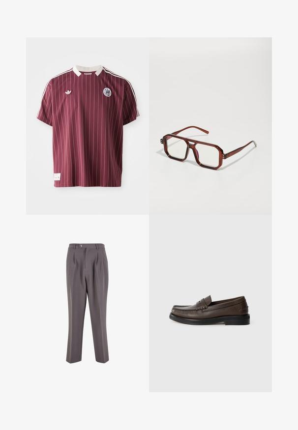 Laivastonsininen neulepaita, jossa on korkea kaulus ja hopeanvärinen vetoketju. Omaisee ribbitekstuurin ja pitkät hihat, tarjoten istuvan, virtaviivaisen muodon.; Burgundy-paita, jossa on pystysuorat valkoiset raidat, lyhyet hihat, ribattu valkoinen kaulus, Adidas-logo vasemmassa rinnassa ja emblem oikeassa rinnassa.; Harmaat pleatatut housut, jotka on valmistettu sileästä kankaasta, jossa on suora lahkeiden muoto, yksi nappikiinnitys ja viistot sivutaskut.; Tummanruskeat nahkaloafersit, joissa on pyöreä kärki, yksityiskohtainen ompelu ja tasainen musta pohja. Ominaisuutena on pieni koristeellinen hihna jalkapöydän yli.; Ruskeista läpinäkyvistä ylisuurista laseista, joissa on suorakulmaiset linssit ja hoikat varsiosat. Kulmat ovat viistetyt ja hieman pyöristetyt, ja näkyviä varusteita on lisätty.; Musta kangaspussi, jossa on teksturoitu, tikkikuvio. Pyöreä muoto, lyhyet, paksut kahvat ja pehmeä, joustava rakenne.; Harmaa metallikello, jossa on harjattu sininen taulu, valkoiset tuntimerkit ja päivämääränäyttö. Varustettu linkitetyllä metallirannekkeella ja brändin logolla.