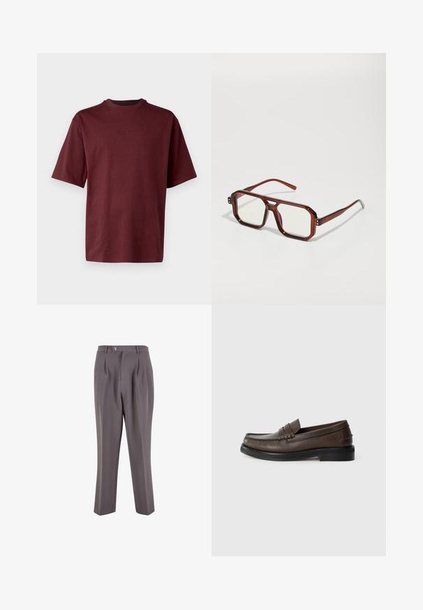 Tamsiai mėlynas megztinis su aukšta apykakle ir sidabro spalvos užtrauktuku. Turintis juostuotą tekstūrą ir ilgas rankoves, siūlo prigludusią, aerodinaminę formą.; Oakley SOHO TEE - Paprasti marškinėliai - grenache; Pilki plisuoti kelnės, pagamintos iš lygios medžiagos, su tiesiomis kojomis, vieno mygtuko uždarymu ir įstrižais šoniniais kišenėmis.; Rudos odiniai loaferiai su apvalia nosimi, detaliu siuvimu ir plokščiu juodu padu. Savyje turi mažą dekoratyvinę juostą ant pėdos viršaus.; Rudos permatomi dideli akiniai su stačiakampiais lęšiais ir plonomis kojelėmis. Sukraigti, šiek tiek apvalinti kampai ir matomi tvirtinimo akcentai.; Juodas audinio maišelis su tekstūruota, siuvinėta raštu. Apvalios formos, trumpi, stori rankenėlės ir minkšta, lanksti struktūra.