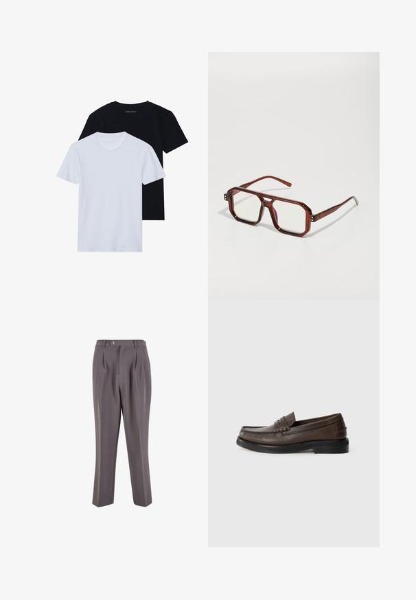 Marineblå striktrøje med høj krave og sølvlynlås. Har ribbet tekstur og lange ærmer, der giver en tætsiddende, strømlinet form.; To kortærmede t-shirts med rund hals, en sort og en hvid, lavet af blødt bomuldsstof med ribbet struktur. Klassisk pasform design.; Grå plisserede bukser lavet af glat stof, med lige ben-design, en enkelt knaplukning og skrå sidelommer.; Brune læder loafers med rund tå, detaljeret syning og en flad sort sål. Har et lille dekorativt bånd over vristen.; Brune gennemsigtige oversized briller med rektangulære linser og slanke stænger. Skrå, let afrundede hjørner og synlige hardware-detaljer.; Sort stofpose med en struktureret, quilted mønster. Rund form, korte, tykke håndtag, og en blød, fleksibel struktur.; Sølvmetal ur med en børstet blå urskive, hvide timemarkører og en datovisning. Har et sammenkædet metalarmbånd og brandlogo.