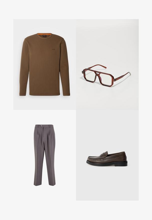 Námořnický pletený svetr s vysokým límcem a stříbrným zipem. Má žebrovanou texturu a dlouhé rukávy, což zajišťuje přiléhavý, štíhlý tvar.; BOSS TEMPESTO - Top s dlouhým rukávem - open brown; Šedé plisované kalhoty vyrobené z hladké látky, se střihem rovný nohavice, zapínáním na jeden knoflík a šikmými bočními kapsami.; Hnědé kožené mokasíny s kulatou špičkou, s detailním prošíváním a plochou černou podrážkou. Mají malou ozdobnou sponu přes nárt.; Hnědé transparentní oversized brýle s obdélníkovými skly a štíhlými rámky. Šikmé, mírně zaoblené rohy a viditelné kovové detaily.; Hnědá kožená cestovní taška s uzávěrem na zip, dvojitými uchy, nastavitelným ramenním popruhem a viditelnými textura vzory na povrchu.; Stříbrné kovové hodinky s broušeným modrým ciferníkem, bílými hodinovými indexy a zobrazením data. Mají spojený kovový pásek a logo značky.