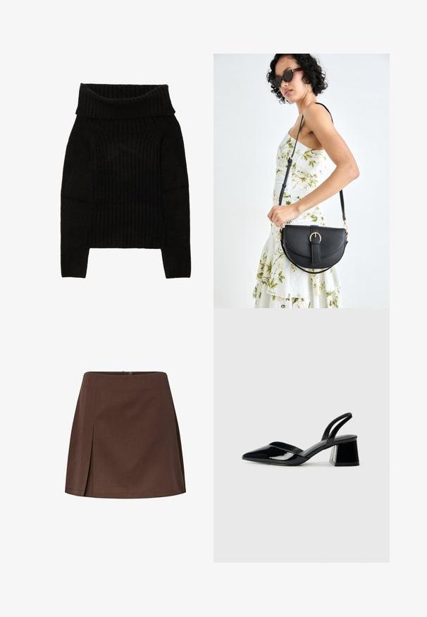 Zwarte gebreide trui met een ruime, omgevouwen halslijn, geribbelde textuur en lange mouwen met een cropped silhouet.; Bruine A-lijn rok van textuurstof, met een enkele voorplooien en een achterkant met knoopsluiting.; Zwarte gepatineerde leren slingback hakken met een spitse neus en een geometrische blokhak. Kenmerkt zich door een slank, minimalistisch ontwerp en een gladde textuur.; Zwarte leren handtas met een gebogen vorm, afneembare schouderband en gouden hardware. De tas heeft een klep met een gespsluiting.