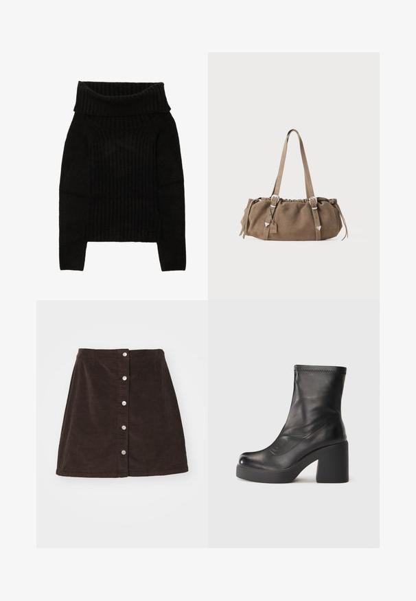 Maglione nero a maglia con un ampio collo pieghevole, texture a coste e maniche lunghe con silhouette cropped.; Vero Moda Curve VMCETTA SKATER - Gonna a campana - chocolate torte; Stivale in pelle nera fino al polpaccio con tacco a blocco spesso e suola platform su uno sfondo bianco semplice.; Borsa in suede marrone con parte superiore arricciata, dettagli in metallo argentato e due manici. Presenta una forma rettangolare e un design minimal.