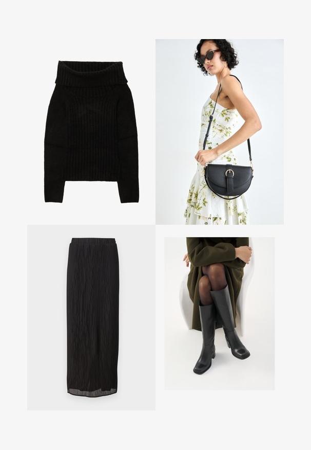 Svart strikket genser med bred, brettet utringning, ribbestruktur og lange ermer med en kort silhuett.; Svart plissert midi-skjørt med elastisk midjebånd og rett snitt. Stoffet har vertikale striper for ekstra tekstur.; Knæhøye sorte lærstøvler med firkantet tå og blokkhelt, vist med en modell som sitter iført en olivengrønn kåpe. Glatt tekstur, minimal detaljering.; Svart lærveske med en buet form, avtagbar stropp og gullbeslag. Vesken har et klaff med spenne-detall.