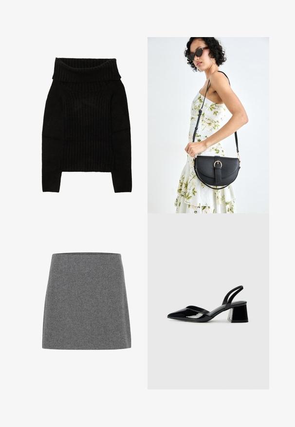 Suéter negro de punto con un amplio escote doblado, textura acanalada y mangas largas con un corte cropped.; Una mini falda de fieltro gris con corte recto y textura lisa, que presenta una cintura ancha y sin costuras visibles ni adornos.; Zapatos de tacón slingback de charol negro con punta afilada y tacón geométrico en bloque. Presentan un diseño elegante y minimalista, así como una textura suave.; Bolso de piel negra con forma curva, correa desmontable y herrajes dorados. El bolso cuenta con una solapa con un detalle de hebilla.