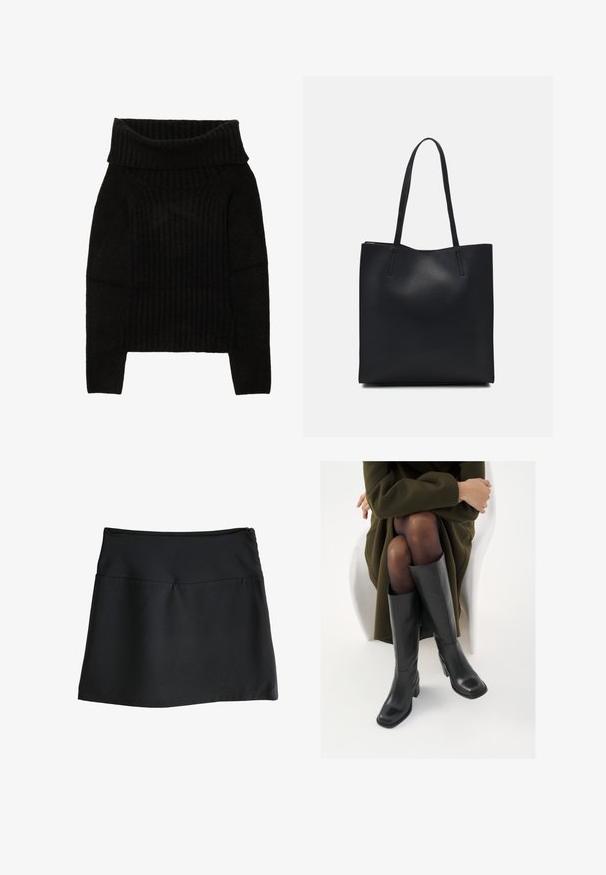 Pull en maille noire avec un col large et replié, une texture côtelée et des manches longues avec une silhouette cropped.; Jupe noire avec une texture lisse, de longueur genoux, et une taille élastique simple. Présente une fermeture éclair discrète à l'arrière.; Bottes en cuir noires arrivant au genou, avec un bout carré et un talon carré, présentées sur un modèle assis dans un manteau vert olive. Texture lisse, détails minimaux.; Sac fourre-tout en cuir noir avec une texture lisse, de forme rectangulaire et deux longues poignées. Pas de matériel ou d'ornementations visibles.