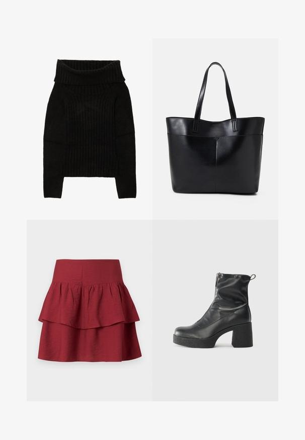 Mustardatultud must kampsun, millel on lai volditud kaelus, ribakujuline tekstuur ja pikad varrukad, millel on lühike siluett.; Kihiline seelik sügavas burgundis, laia vöökoha, kihilise struktuuriga volangide ja pehme, tekstuuriga kangaga.; Mustad mustad ansapüksid, mis on valmistatud siledast nahast, külje zipperiga, paksu tekstuuriga kontsaga ja ümmarguse nina disainiga.; Must mustaga musta nahast, millel on kaks pikka kanda, sile tekstuur ja struktureeritud kuju. Esipoolsel on lisakoti jaoks tasku.