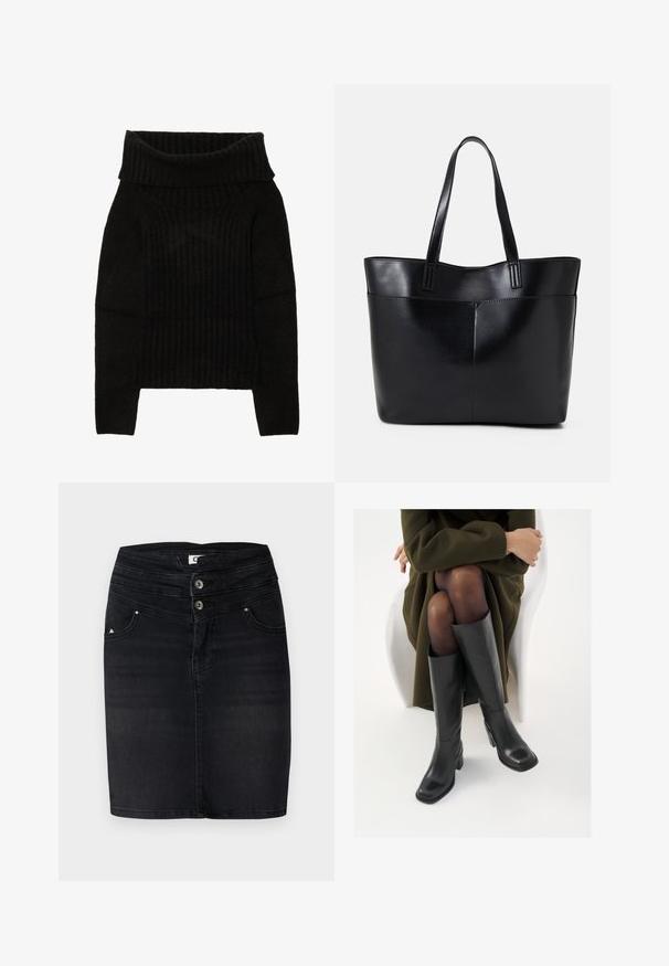 Black knitted sweater featuring a wide, folded neckline, ribbed texture, and long sleeves with a cropped silhouette.; Black denim skirt featuring a fitted design, two buttons at the waist, and front pockets with a subtle logo detail on the side.; Knee-high black leather boots with a squared toe and block heel, shown with a model seated in an olive green coat. Smooth texture, minimal detailing.; Black leather tote bag with two long handles, a smooth texture, and a structured shape. Features a front pocket for additional storage.
