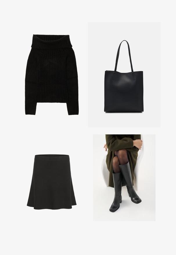 Juodas megztinis su plačiu, sulankstytu kaklu, įvairiais raštais ir ilgomis rankovėmis, turintis trumpesnę siluetą.; Juodas išsiskiriantis mini sijonas, pagamintas iš minkštos medžiagos su lygiu paviršiumi ir plačiu juosmeniu. Yra paprasto dizaino, be raštų ar akcentų.; Juodos odinės pradžios ilgio bateliai su kvadratu formos nosimi ir bloko kulnu, demonstruojami su modeliu, sėdinčiu alyvuogių žalios spalvos švarku. Lygi tekstūra, minimalus puošimas.; Juodas odinis tote krepšys su lygia tekstūra, stačiakampio formos ir dviem ilgais rankenomis. Matomų metalinių detalių ar puošybos nėra.