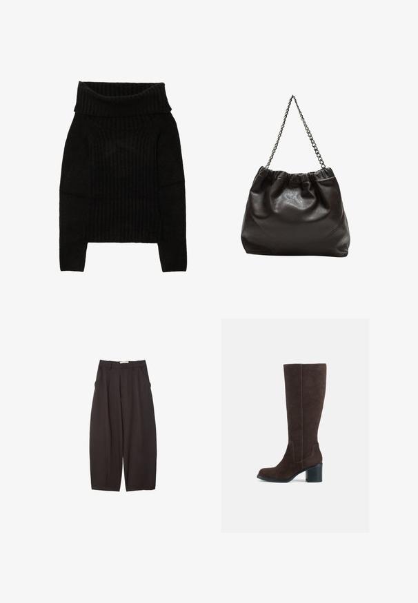 Czarny dzianinowy sweter z szerokim, złożonym dekoltem, prążkowaną fakturą i długimi rękawami w kroju cropped.; Czarne spodnie o szerokich nogawkach wykonane z gładkiego materiału, z wysokim stanem, plisami z przodu i bocznymi kieszeniami. Prosty fason bez zdobień.; Brązowe zamszowe kozaki do kolan na słupku z gładkim wykończeniem. Okrągły nosek i wyraźne szwy na cholewie.; Brązowa skórzana torba z marszczonym szczytem i łańcuszkowym paskiem. Gładka tekstura z błyszczącym wykończeniem i subtelnymi detalami szwów po bokach.