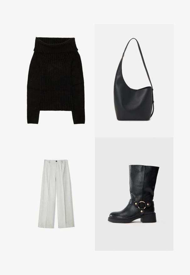 Črna pletena jopica z širokim, zavitim ovratnikom, rebrasto teksturo in dolgimi rokavi s skrajšano silhueto.; Svetlo sivi široki hlače iz teksturiranega materiala, ki imajo zaponko na gumb in dva plisa spredaj za dodaten detajl.; Črne usnjene škornje do meč s debelim peto in okrasnim trakom, na katerem je zlat krožni sponka, na belem ozadju.; Črna usnjena hobo torba z gladko teksturo, ukrivljeno obliko in eno nastavljivo naramnico; ima širok odprtina na vrhu.