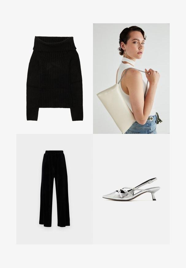 Black knitted sweater featuring a wide, folded neckline, ribbed texture, and long sleeves with a cropped silhouette.; Black wide-leg trousers made of soft velvet, featuring an elastic waistband and a smooth texture, with no visible detailing or patterns.; Call it Spring REGINNA B.E.D FOAM - Classic heels - silver; White rectangular clutch bag made of glossy material, featuring a silver chain strap. Model poses, showcasing the bag against a plain background.