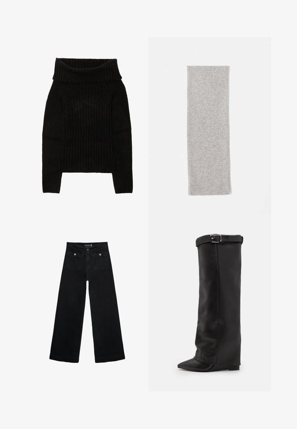 Musta neulepusero, jossa on leveä, taitettu kaula-aukko, ribbikuviointi ja pitkät hihat sekä lyhyt siluetti.; Mustat leveälahkeiset farkut korkean vyötärön kanssa, joissa on kaksi etutaskua ja metalliset nappikoristeet. Kangas on sileä.; Steve Madden CORENNE - Korolliset saappaat - black; Harmaa neulotun huivin sileä pinta, pitkänomainen suorakulmainen muoto ja siistit reunat, suunniteltu lämpöä ja mukavuutta varten.