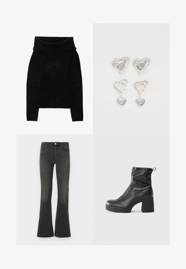 Black knitted sweater featuring a wide, folded neckline, ribbed texture, and long sleeves with a cropped silhouette.; Black flared jeans made of denim, featuring all-over white studs. High-rise waist with standard five-pocket styling and zipper fly.; Black ankle boots made of smooth leather, featuring a side zipper, chunky textured heel, and rounded toe design.; Silver heart-shaped earrings feature faceted clear stones, with a textured frame. The set includes stud and drop styles.