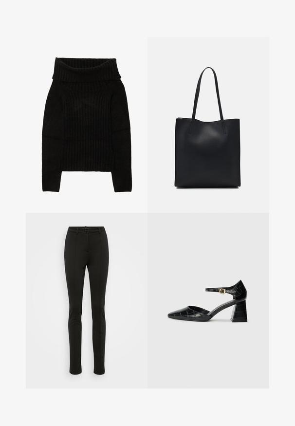 Crna pletiva majica s širokim preklopnim ovratnikom, rebrastom teksturom i dugim rukavima s skraćenim siluetom.; Crne krojene hlače slim kroja. Imaju glatku teksturu, detalj pregiba sprijeda i jedan gumb za zatvaranje u struku.; Crna lakirana visoka potpetica s izoštrenim prstom, remenom oko gležnja i teksturiranom krokodilskom šablonom. Dizajn kvadratne blok potpetice.; Crna kožna torba za nošenje s glatkom teksturom, pravokutnim oblikom i dvije duge ručke. Nema vidljivih metalnih dijelova ili ukrasa.