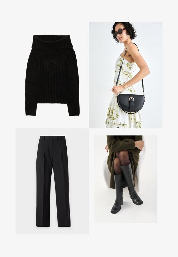 Črna pletena jopica z širokim, zavitim ovratnikom, rebrasto teksturo in dolgimi rokavi s skrajšano silhueto.; Črne široke hlače z gladko teksturo tkanine, ki imajo visok pas, sprednje gube in brez vidnih elementov ali vzorcev.; Črne usnjene čevlje do kolen s kvadratnim prstom in blok peto, prikazani na modelu, ki sedi v olivno zeleni plašču. Gladka tekstura, minimalne podrobnosti.; Črna usnjena torbica s ukrivljeno obliko, z odstranljivo naramnico in zlatimi dodatki. Torbica ima pokrov s podrobnostmi v obliki zaponke.
