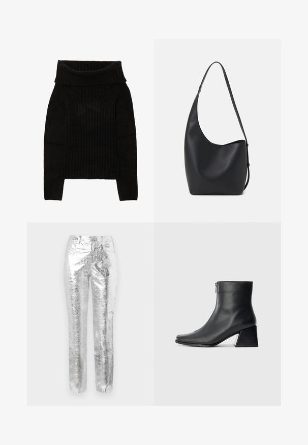 Black knitted sweater featuring a wide, folded neckline, ribbed texture, and long sleeves with a cropped silhouette.; Silver, metallic trousers with a crinkled texture. Straight-leg design, front pockets, and a zip fly closure. Smooth and reflective surface.; Black leather ankle boot with square toe, side zipper, and block heel against plain light background.; Black leather hobo bag with a smooth texture, curved shape, and single adjustable strap; features a wide opening at the top.