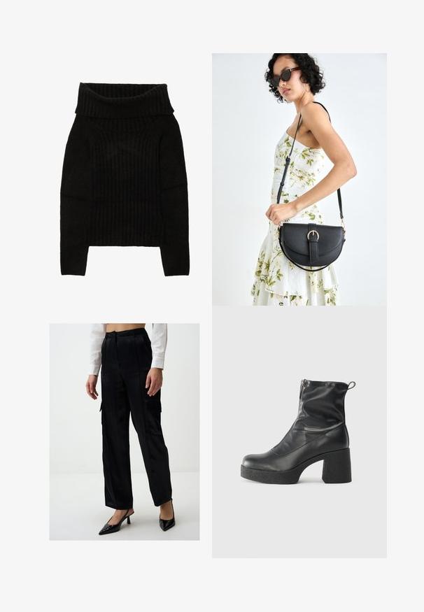 Maglione nero a maglia con un ampio collo pieghevole, texture a coste e maniche lunghe con silhouette cropped.; Pantaloni cargo neri in satin con vestibilità morbida, dotati di tasche laterali e texture liscia. Abbinati a décolleté slingback neri con punta a stiletto.; Stivali neri alla caviglia in pelle liscia, con zip laterale, tacco spesso e texture, e punta arrotondata.; Borsa a tracolla nera in pelle con una forma curva, manico rimovibile e accessori dorati. La borsa presenta una patta con un dettaglio a fibbia.