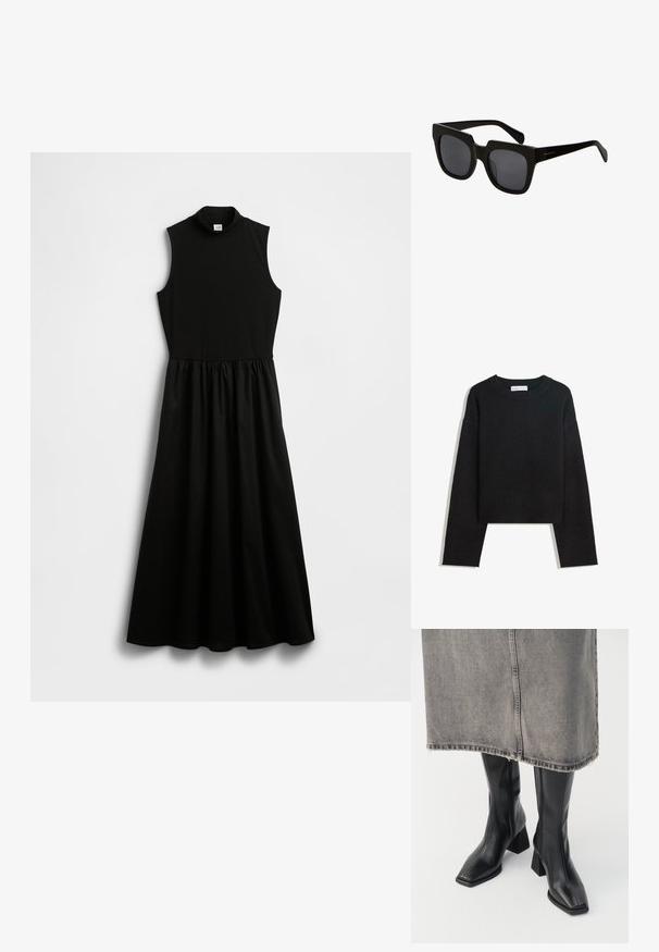 Black long-sleeve knit sweater with crew neckline, ribbed cuffs and hem, and cropped length.; Black sleeveless dress with a mock turtleneck, fitted top, and gathered waist leading to a flowing skirt. Made from a smooth fabric.; Black knee-high boots in smooth leather with a squared toe and block heel. Worn with a gray denim skirt with a frayed hem.; Black rectangular sunglasses with thick plastic frames and dark lenses. The arms are sleek with a glossy finish and minimal branding.; Black leather woven tote bag with a slouchy shape and wide shoulder strap. Features a textured, interlaced design with a smooth finish.
