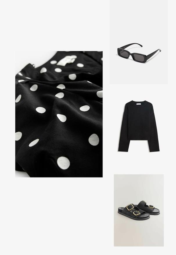 Maglione nero a maniche lunghe in maglia con colletto rotondo, polsini e orlo a costine, e lunghezza corta.; Next V-NECK PUFF SLEEVE MINI - Abito a camicia - black spot; Sandali neri in suede caratterizzati da due ampie cinghie con fibbie dorate, una suola piatta e un design open-toe. Texture liscia con accenti hardware a contrasto.; Occhiali da sole neri rettangolari con lenti scure, finitura lucida, aste larghe e design della montatura spessa. Nome del marchio inciso su un'asta.; Borsa a spalla in pelle nera intrecciata con una forma morbida e ampio manico. Caratterizzata da un design testurizzato e intrecciato con una finitura liscia.