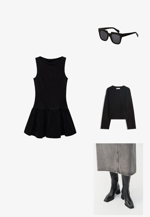 Pulover tricotat negru cu mânecă lungă, guler rotund, manșete și tivș ribetate și lungime scurtă.; Rochie neagră fără mâneci, cu un bust ajustat și o fustă evazată plisată. Fabricată dintr-un material moale, cu un decolteu rotund și fără embellismente.; Cizme negre până la genunchi din piele netedă, cu vârf pătrat și toc bloc. Purtate cu o fustă din denim gri, cu margine desfăcută.; Ochelari de soare negri, cu lentile rectangulare și rame groase din plastic. Brațele sunt elegante, cu un finisaj lucios și un branding minim.; Geantă de umăr din piele neagră împletită, cu o formă lejeră și un umăr lat. Prezintă un design texturat, împletit, cu o finisare netedă.