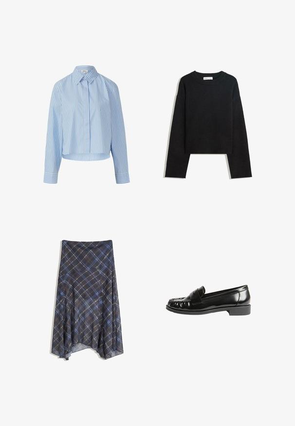 Črna dolga pletena pulover z dolgimi rokavi, krojnim izrezom, rebrastimi manšetami in robom ter krajšo dolžino.; Svetlo modra in bela prugasta srajca s ovratnikom, zapiranjem na gumbih in dolgimi rokavi. Tkanina se zdi gladka in lahka.; Črna karirana krila z modrimi in rjavimi črtami, tekoče oblikovanje, srednje dolžine, izdelano iz lahkega materiala z gladko teksturo.; Črne usnjene loafers sandale s sijočo površino, okrogelim prstom, šivanim detajlom in nizko blokasto peto. Gladka tekstura in klasičen dizajn.