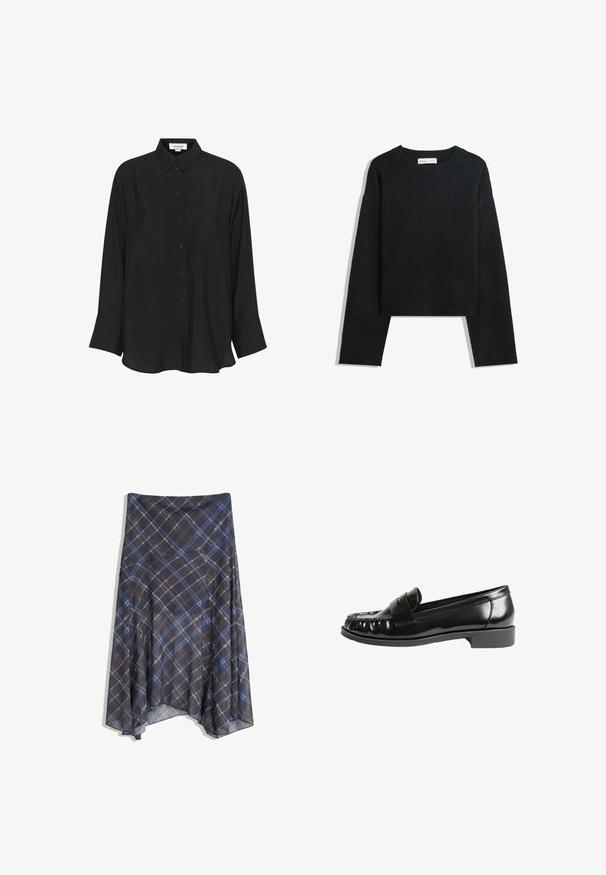 Svart långärmad stickad tröja med rund halsringning, ribbade manschetter och nederkant, samt cropped längd.; Svart långärmad skjorta i lättviktsmaterial, med spetsig krage, knappstängning fram och något utsvängda ärmslut. Slät textur.; Svart rutigt kjol med blå och bruna linjer, flödande design, medellång, tillverkad av lättviktsmaterial med en slät textur.; Svarta läder loafers med en blank finish, rund tå, söms detaljer och låg blockklack. Slät textur och klassisk design.