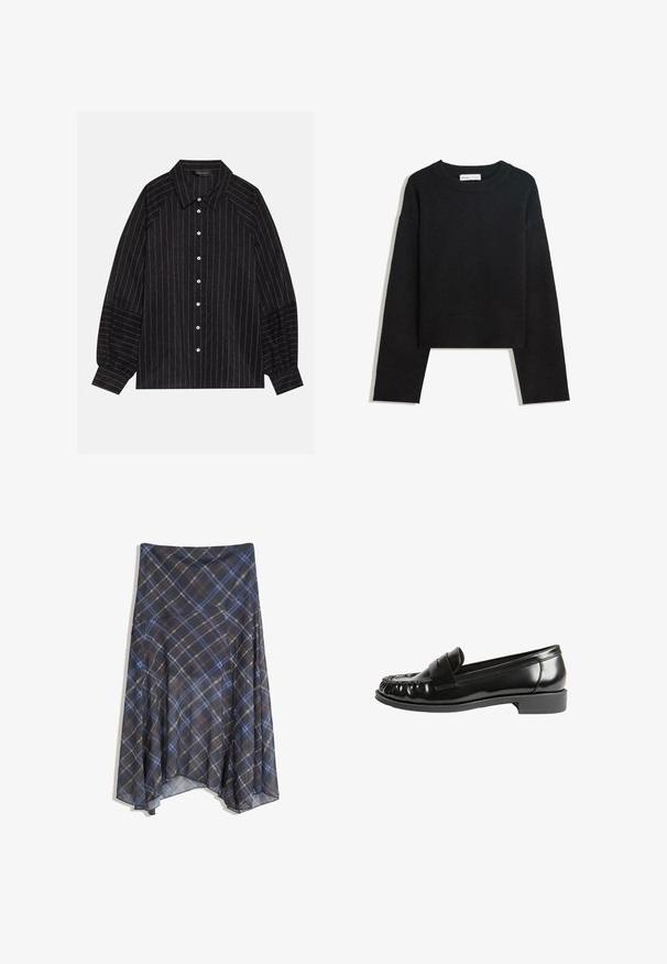 Crni dugi rukavi pleteni pulover s okruglim izrezom, rebrastim manžetama i rubom, te skraćenom dužinom.; Crna košulja s dugim rukavima i bijelim prugama, s oštrim ovratnikom i elastičnim манжетама. Izrađena od teksturirane tkanine.; Crna karirana suknja s plavim i smeškastim linijama, leteći dizajn, srednje dužine, izrađena od lagane tkanine s glatkom teksturom.; Crne kožne loafersice s sjajnom završnom obradom, s okruglim vrhom, šivanim detaljima i niskim blok petama. Glatka textura i klasičan dizajn.