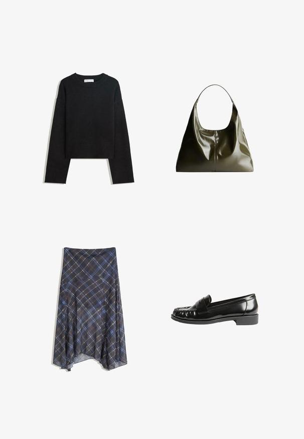 Sort langærmet strikket sweater med rund hals, ribbede manchetter og kant samt cropped længde.; Sort ternet nederdel med blå og brune linjer, flydende design, midt-længde, lavet af letvægtsstof med en glat tekstur.; Sorte læder loafers med en blank finish, der har en rund tå, stikninger og en lav blokhæl. Glat tekstur og klassisk design.; Olivengrøn, læder skuldertaske med en glat, blank finish. Har en afrundet top og blød, draperet form. Minimalistisk design.