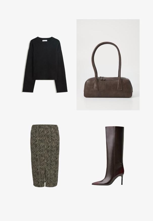 Sort langærmet strikket sweater med rund hals, ribbede manchetter og kant samt cropped længde.; Brun og beige blyantnederdel med tigerstribet mønster, lavet af et struktureret stof, med et splitdetalje foran.; Brun læder knæhøj støvle med spids tå-design, glat tekstur og stiletto hæl. Syninger langs siden.; Brun lædertaske med to robuste håndtag, rektangulær form, glat tekstur og lynlås lukning. Minimalistisk design uden synlige mønstre.