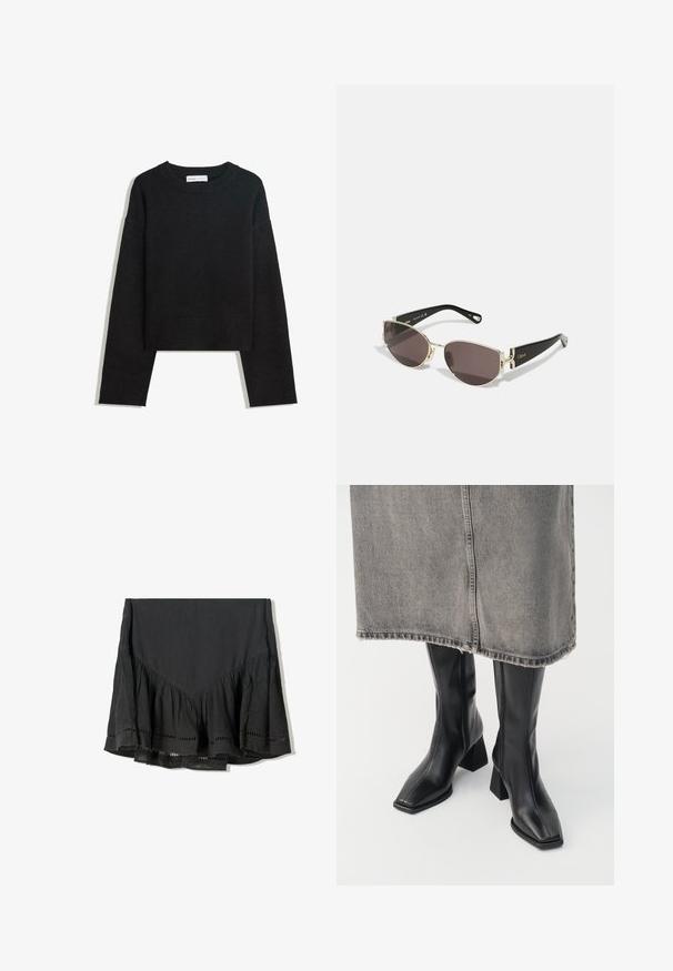 Černý pletený svetr s dlouhým rukávem, kulatým výstřihem, vroubkovanými manžetami a lemem, a zkrácenou délkou.; Černá sukně s vrstveným volánkovým lemem, vyrobená z texturované látky. Obsahuje výřezy podél spodního okraje a design ve tvaru V na vrchu.; Černé kozačky do půli stehen z hladké kůže se čtveratou špičkou a blokovým podpatkem. Nosené s šedou džínovou sukní s třepeným lemem.; Černé a zlaté sluneční brýle s úzkým oválným rámem, tmavými skly a ozdobnými detaily na spáncích. Lehkou a elegantní konstrukce.