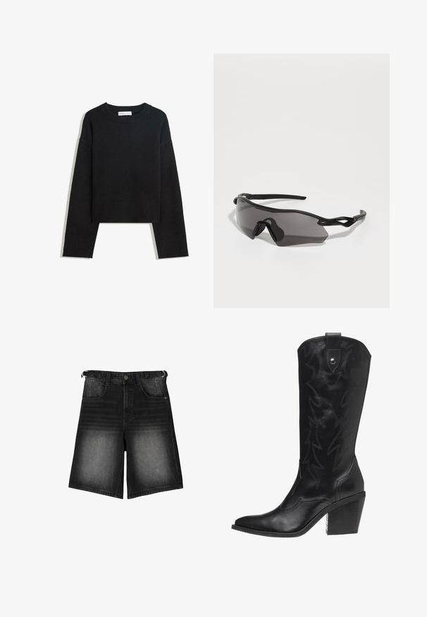 Maglione nero a maniche lunghe in maglia con colletto rotondo, polsini e orlo a costine, e lunghezza corta.; Shorts in denim nero con una finitura scolorita, cinque tasche, chiusura con bottone e passanti per cintura. Il tessuto ha una consistenza liscia.; Stivale da cowboy in pelle nera con punta affilata, tacco alto e cuciture decorative a motivo zigzag lungo il gambale.; Occhiali sportivi da sole con telaio in plastica nera avvolgente, lenti scure e un design angolare distintivo. Aste flessibili per il comfort.; Borsa a tracolla nera intrecciata con forma arrotondata, superficie testurizzata e una robusta maniglia intrecciata. Dotata di chiusura con zip per una conservazione sicura.