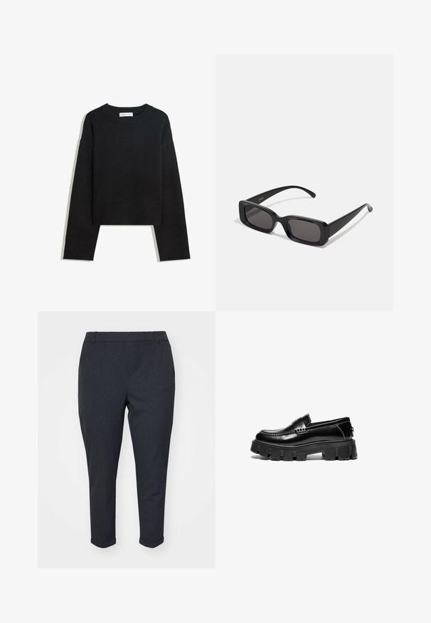 Maglione nero a maniche lunghe in maglia con colletto rotondo, polsini e orlo a costine, e lunghezza corta.; Pantaloni grigi scuri con un design slim, caratterizzati da una superficie liscia, orli a fondo cuffie e tasche laterali. Aspetto classico e sartoriale.; Mocassini in pelle nera con suola in gomma spessa, fascia decorativa sulla parte superiore e cuciture bianche a contrasto. Texture liscia con punta arrotondata.; Occhiali da sole neri rettangolari con lenti scure, finitura lucida, aste larghe e design della montatura spessa. Nome del marchio inciso su un'asta.; Borsa a spalla in pelle nera con una texture liscia, corpo largo, tracolla sottile e chiusura a zip nella parte superiore.; Orecchini a cerchio in argento con una superficie liscia e lucida e una forma circolare sottile. Il design presenta una chiusura sicura.