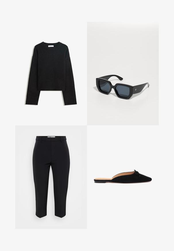 Musta pitkähihainen neulepaita pyöreällä kaula-aukolla, ribbireunuksilla hihoissa ja helmassa sekä lyhyellä mitalla.; Mustat housut, jotka on valmistettu sileästä kankaasta. Niissä on muotoiltu vyötärö, vyölenkit ja vaaleasti kapeat lahkeet suoralinjaisella leikkauksella.; Mustat mokkanahkakeksit, joissa on terävä kärki ja pieni koristeellinen nauha päällekkäin, litteällä pohjalla ja avoimella takana.; Mustat ylisuuret aurinkolasit, joissa on geometrinen muotoilu, suorakulmaiset linssit ja kiiltävä pinta. Ei näkyvää brändäystä edessä.; Virkattu laukku vaaleanbeigessä värissä, jossa on teksturoitu kuvio. Kulta ketjusankka, jossa koristeellisia niittejä reunoilla lisäyksinä.