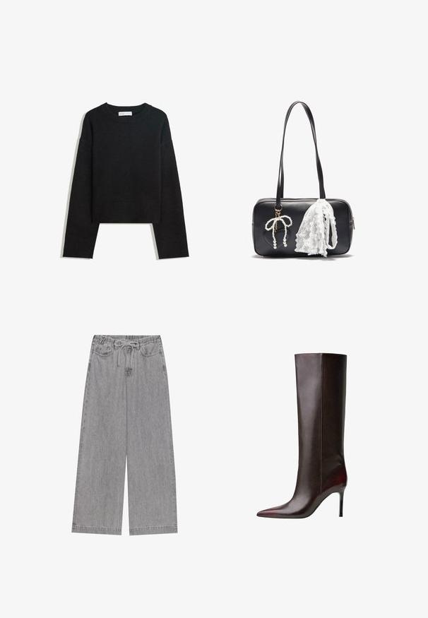 Musta pitkähihainen neulepaita pyöreällä kaula-aukolla, ribbireunuksilla hihoissa ja helmassa sekä lyhyellä mitalla.; Harmaat leveät farkut, joissa on joustava vyötärö ja nauhakuja, kaksi etutaskua ja suorat lahkeet.; Korkeavyötäiset ruskeat nahkasaappaat, joissa on terävä kärki, siloinen pinta ja stiletto-korko. Saumaulkoinen yksityiskohta sivuilla.; Even&Odd Käsilaukku - black