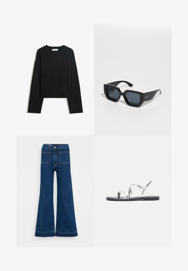 Černý pletený svetr s dlouhým rukávem, kulatým výstřihem, vroubkovanými manžetami a lemem, a zkrácenou délkou.; Rozšířené modré džínové kalhoty s vysokým pasem, vybavené knoflíkovým zapínáním, dvěma zadními kapsami a ohrnutými lemy. Texturovaná látka s viditelným švem.; Stříbrné sandály na tenkém podpatku s plnou černou podrážkou, vyrobené z tenkých kovových pásků a s nastavitelným zapínáním na kotníku. Hladký povrch po celé délce.; Černé oversized sluneční brýle s geometrickým designem, obdélníkovými skly a lesklým povrchem. Na přední straně není viditelné žádné logo.; Stříbrné kovové kruhové náušnice s broušenou texturní úpravou, s kulatým designem a průhledným záznamem pro bezpečné nošení.