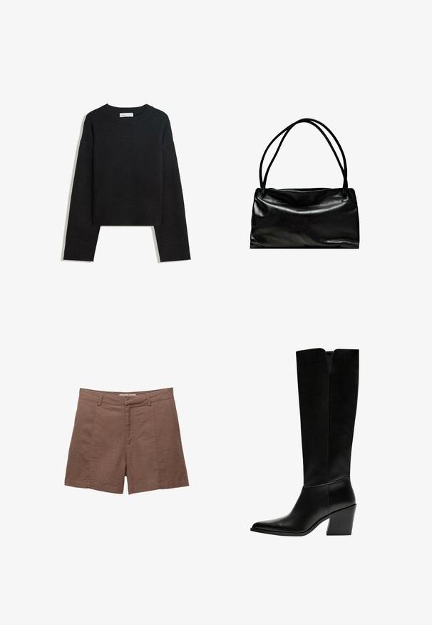 Czarny sweter z długim rękawem, dzianinowy, z okrągłym dekoltem, ribbowymi mankietami i dolnym wykończeniem oraz skróconą długością.; Brązowe lniane szorty z płaskim przodem, dwoma kieszeniami z przodu i gładką fakturą. Charakteryzują się dopasowanym krojem i prostym wykończeniem na dole.; Czarne kozaki do kolan wykonane z gładkiej skóry, z ostro zakończonym noskiem, blokowym obcasem i wycięciem w kształcie litery V na górze.; Czarna skórzana torba o gładkiej fakturze, prostokątnym kształcie i dwóch długich uchwytach. Prosty design bez widocznych elementów metalowych czy ozdób.